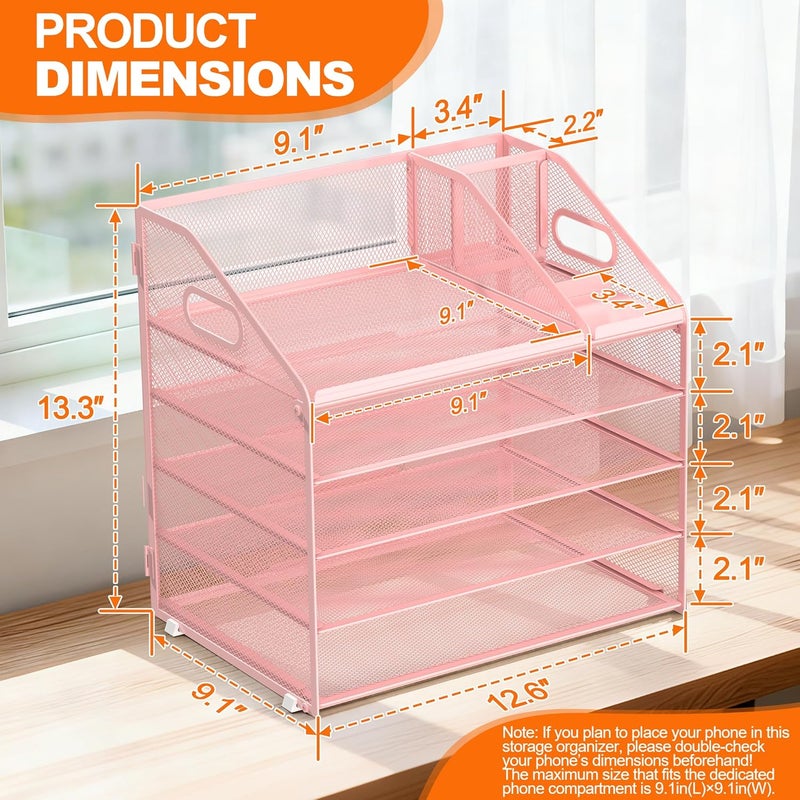 Docnest 5 Tier Metal Mesh Letter Tray - Space Saving Desk File Organizer with Handle, Pen Holder & Folder Holder - Desktop Document Sorter for Office, Home, School, Classroom - Pink - Image 2